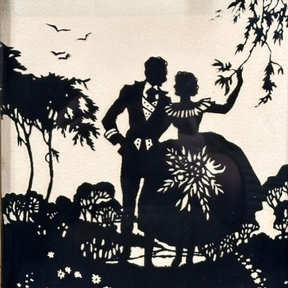VTG 70s Reverse Glass Painting Silhouette Victorian Couple Garden Art RARE